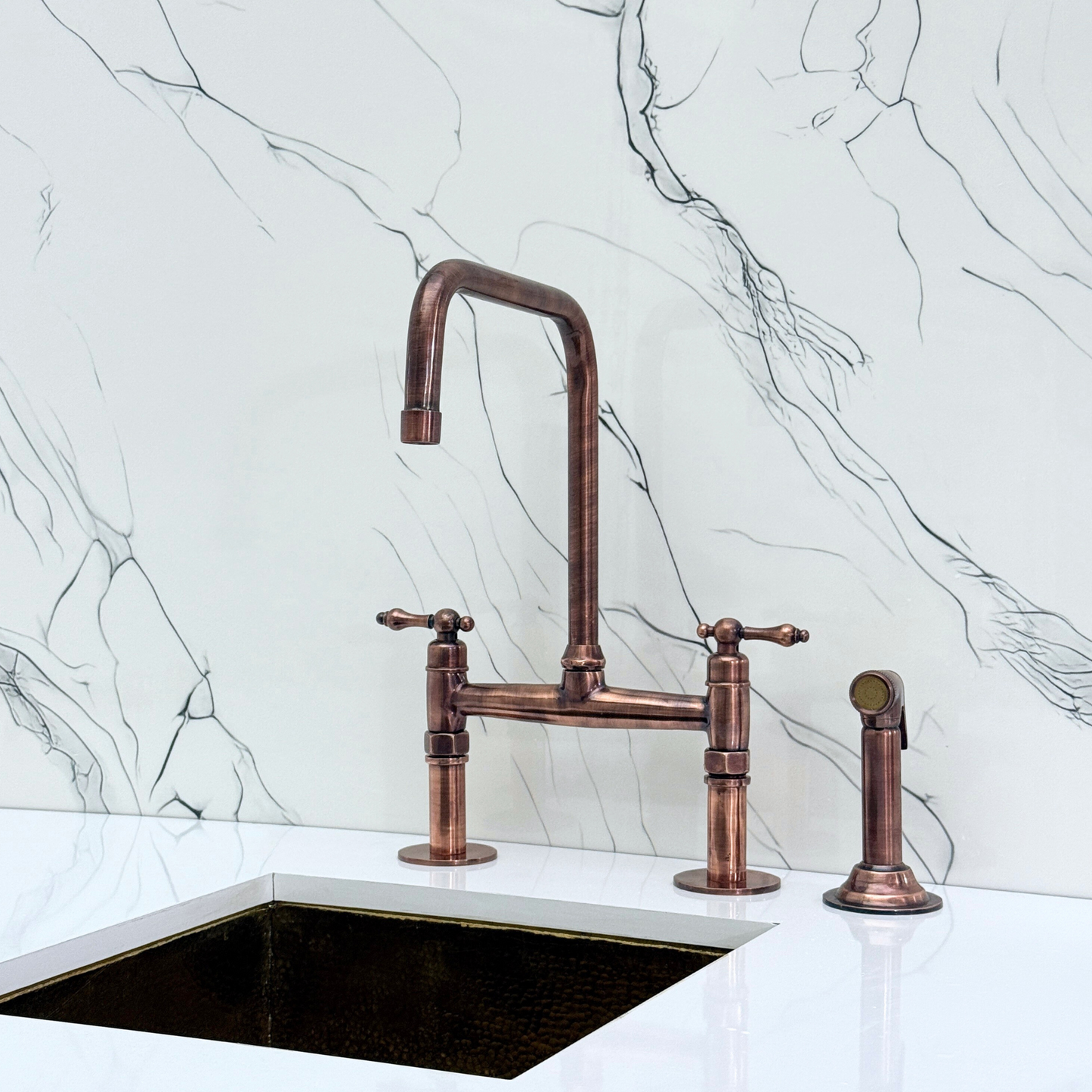 Antique Copper Classic Bridge Faucet with Sprayer, Cold Water Faucet and Lever Handles