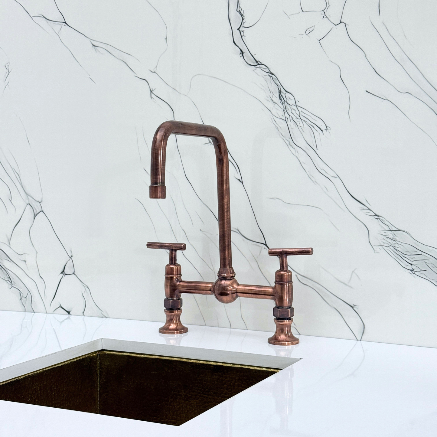 Antique Copper Classic Bridge Faucet with Ball Center, Sprayer, Cold Water Faucet and Lever Handles