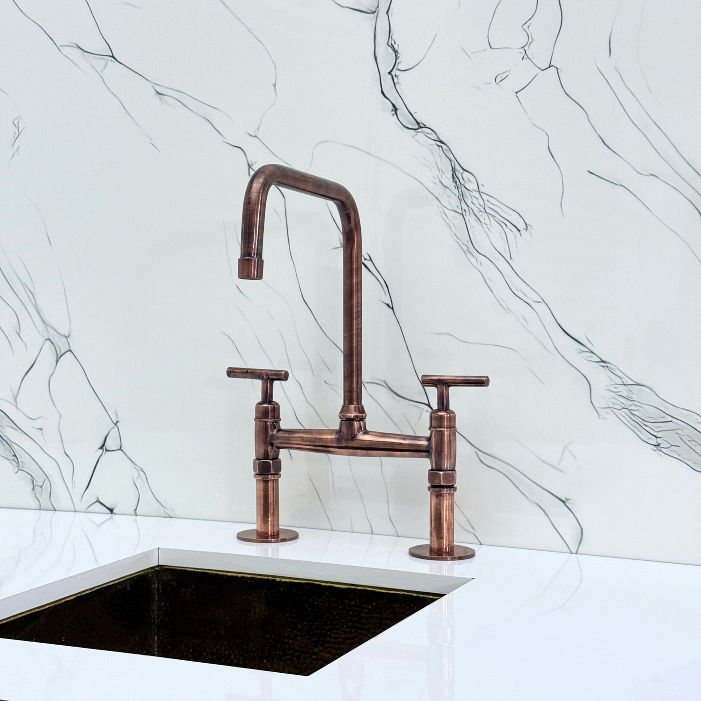 Antique Copper Classic Bridge Faucet with Sprayer, Cold Water Faucet and Lever Handles