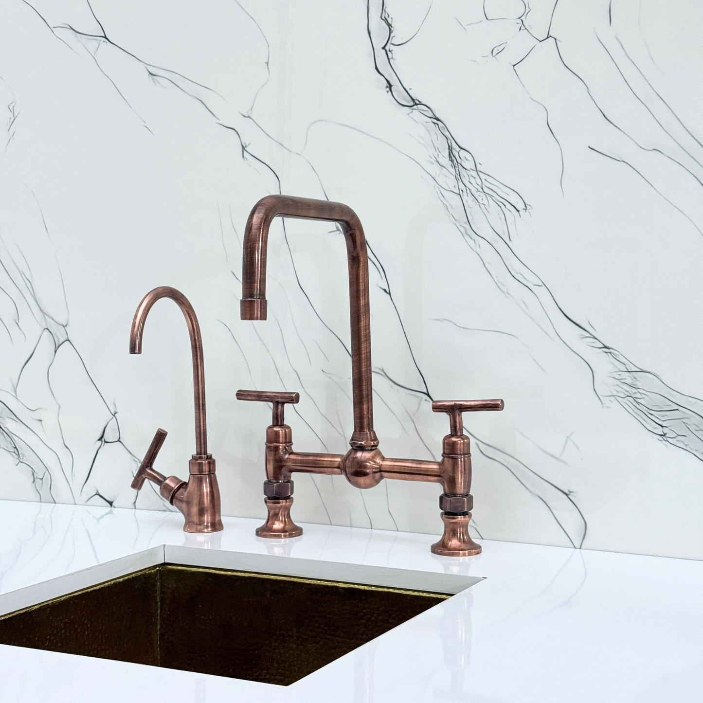 Antique Copper Classic Bridge Faucet with Ball Center, Sprayer, Cold Water Faucet and Lever Handles