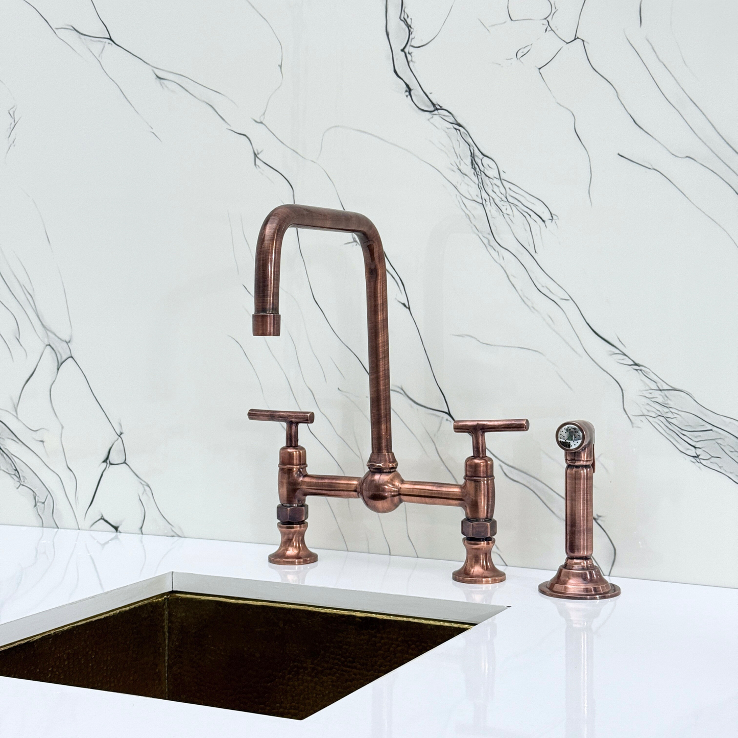 Antique Copper Classic Bridge Faucet with Ball Center, Sprayer, Cold Water Faucet and Lever Handles