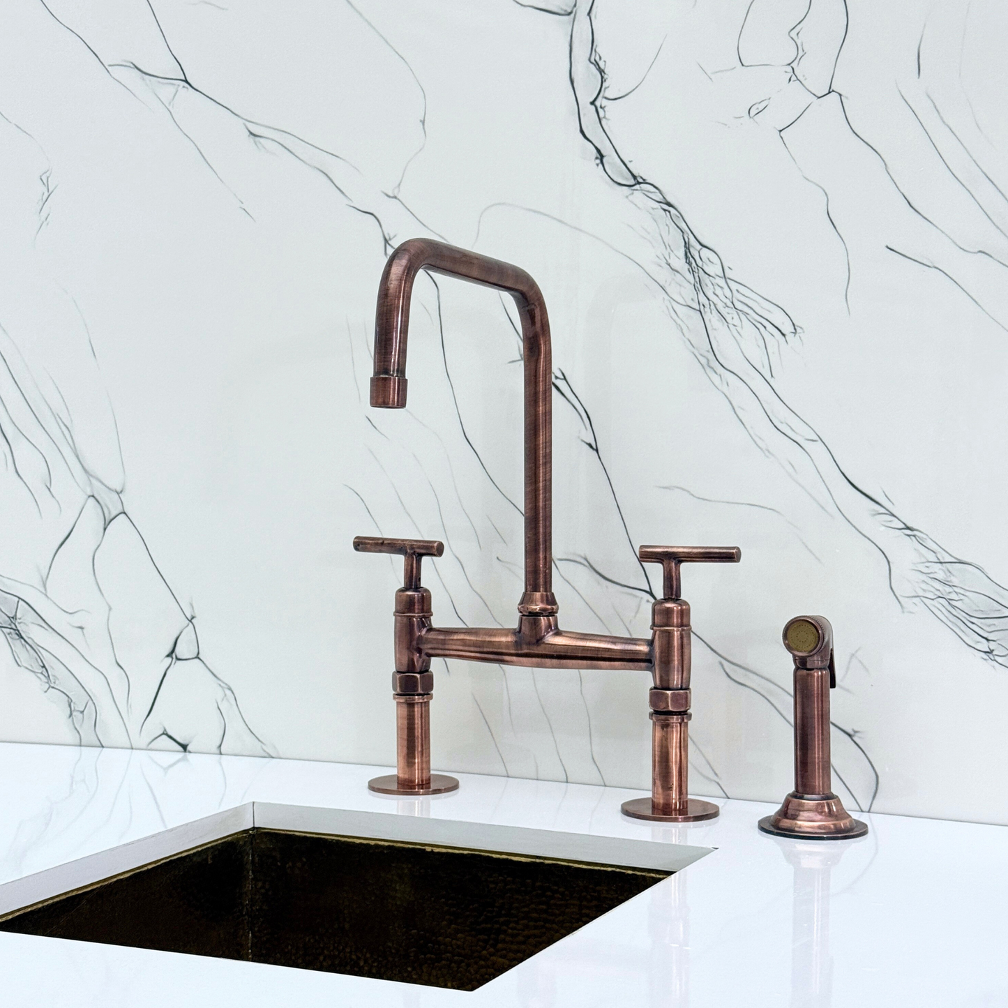 Antique Copper Classic Bridge Faucet with Sprayer, Cold Water Faucet and Lever Handles