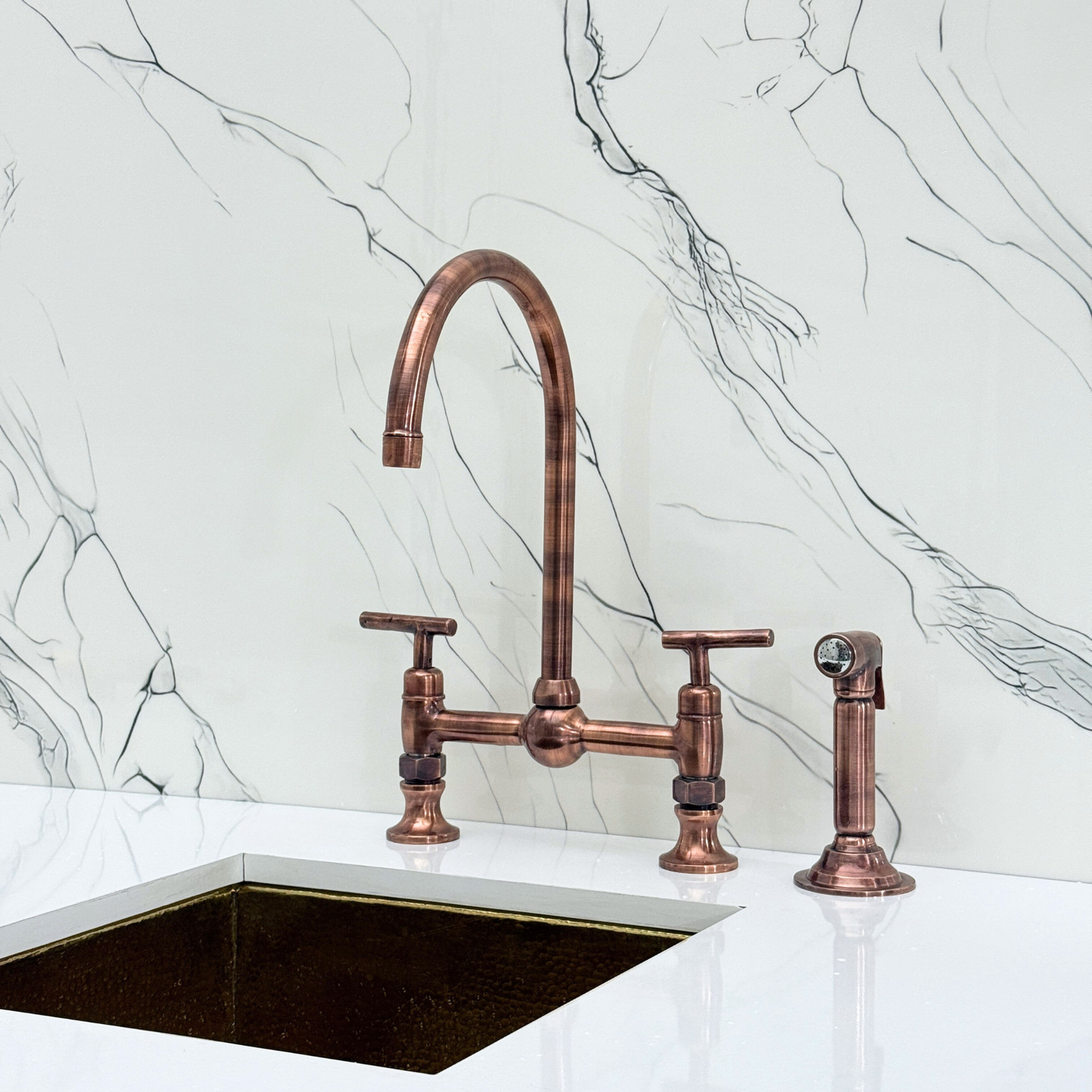 Antique Copper Bridge Kitchen Faucet with Sprayer, Cold Water Faucet and Lever Handles