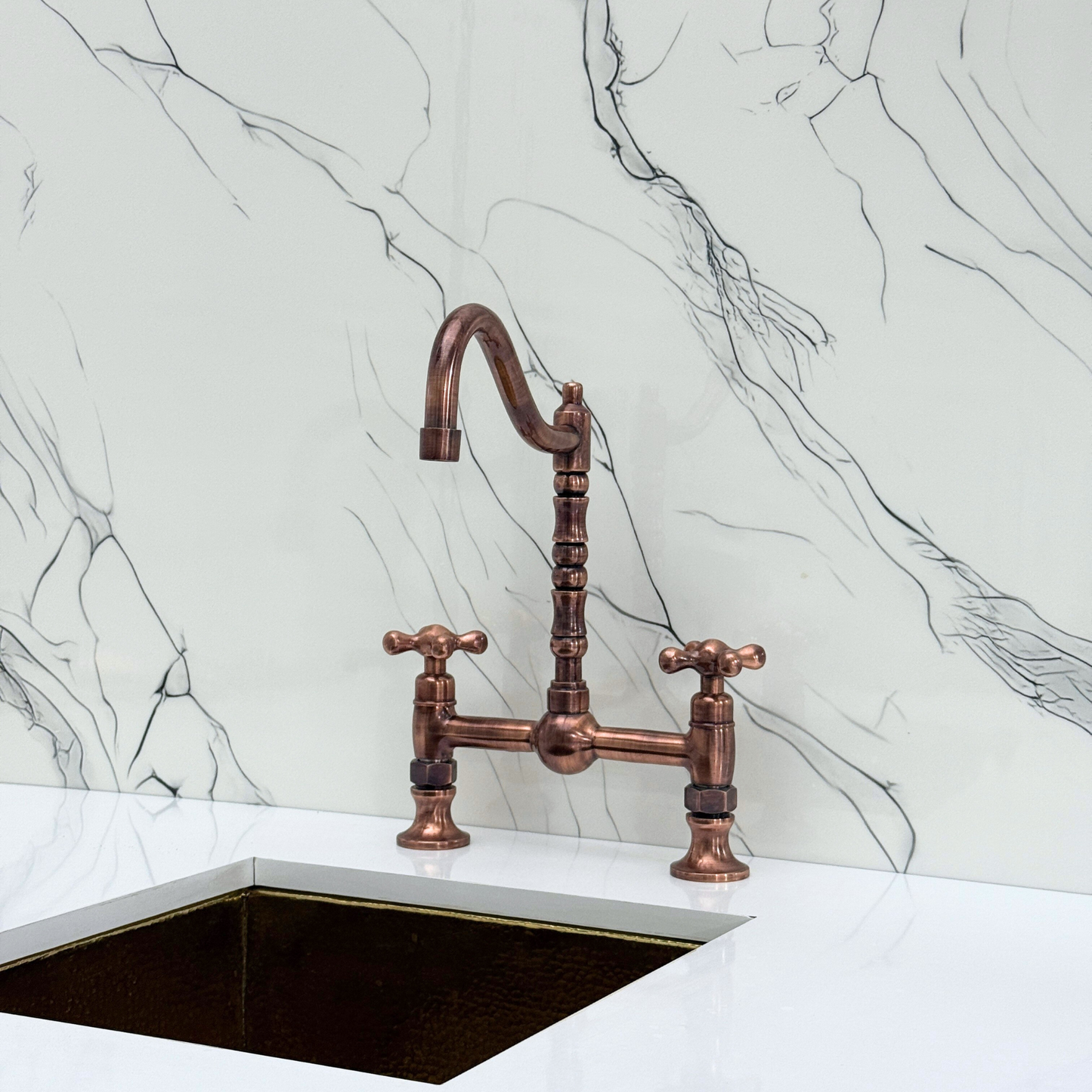 Antique Copper Victorian Bridge Faucet with Ball Center, Sprayer, Cold Water Faucet, and Cross Handles