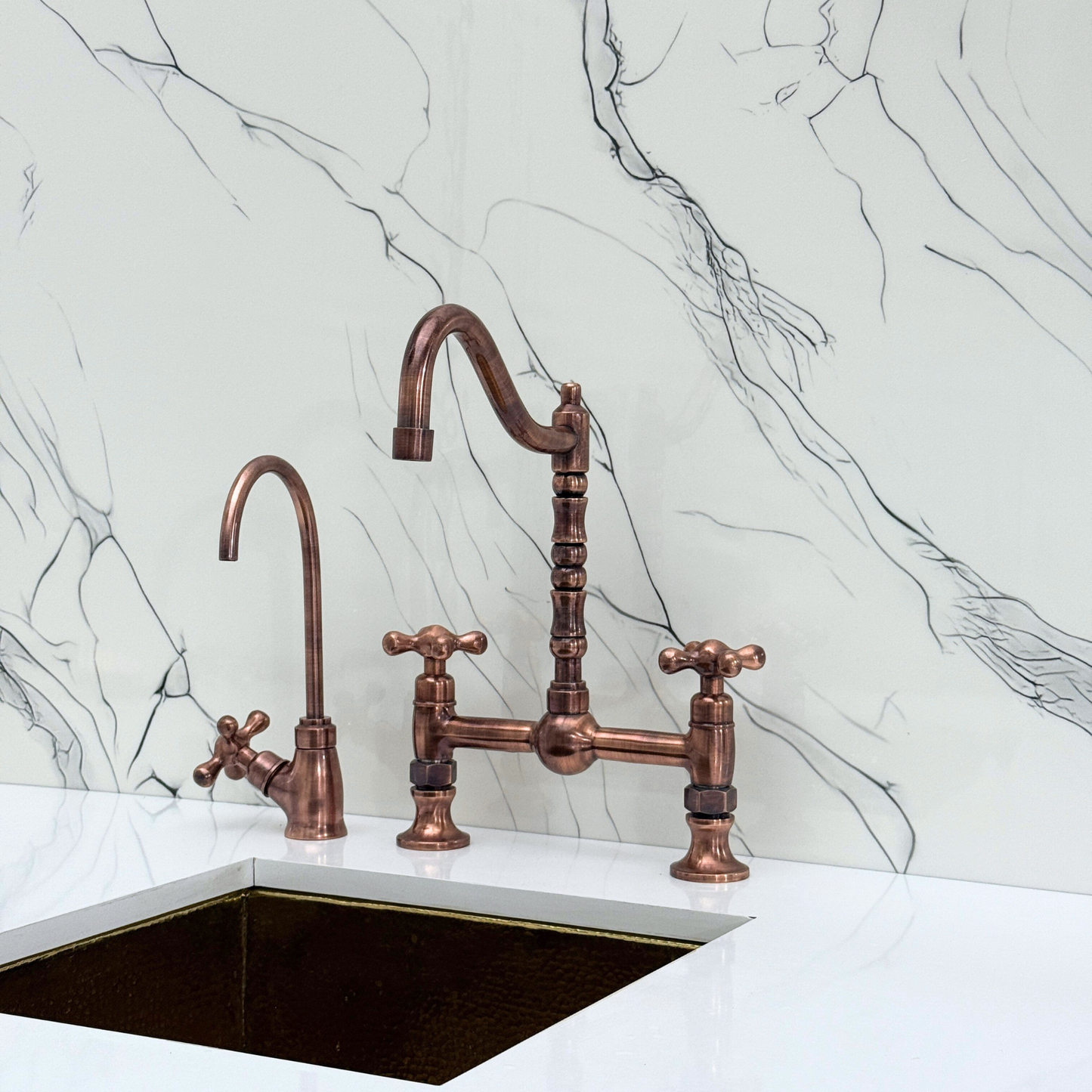 Antique Copper Victorian Bridge Faucet with Ball Center, Sprayer, Cold Water Faucet, and Cross Handles