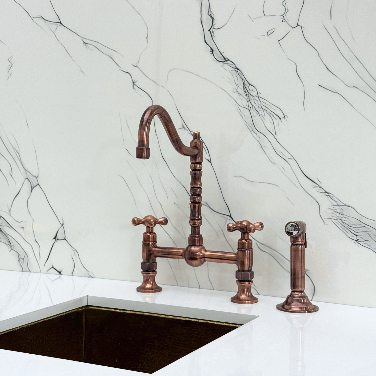 Antique Copper Victorian Bridge Faucet with Ball Center, Sprayer, Cold Water Faucet, and Cross Handles