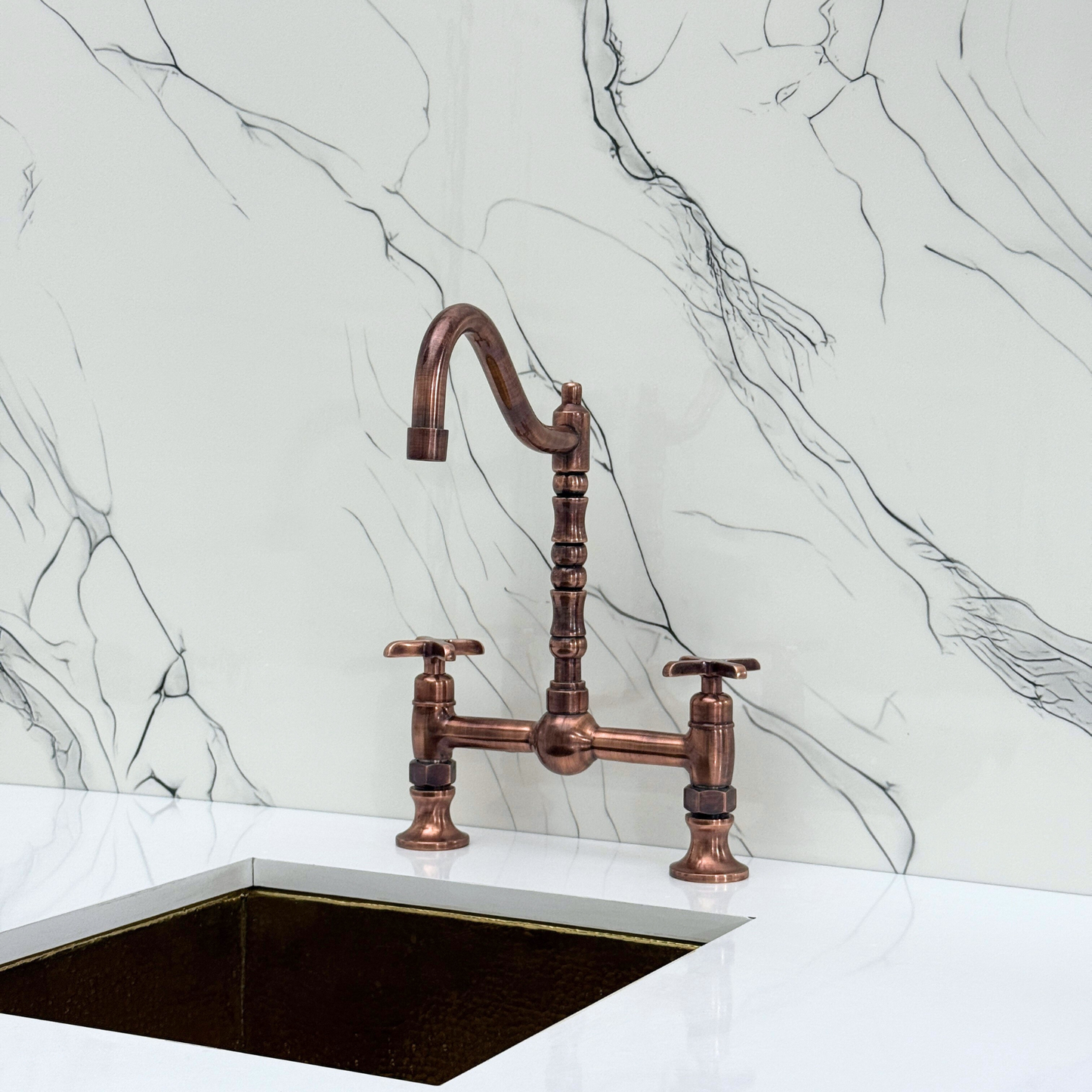 Antique Copper Victorian Bridge Faucet with Ball Center, Sprayer, Cold Water Faucet, and Cross Handles