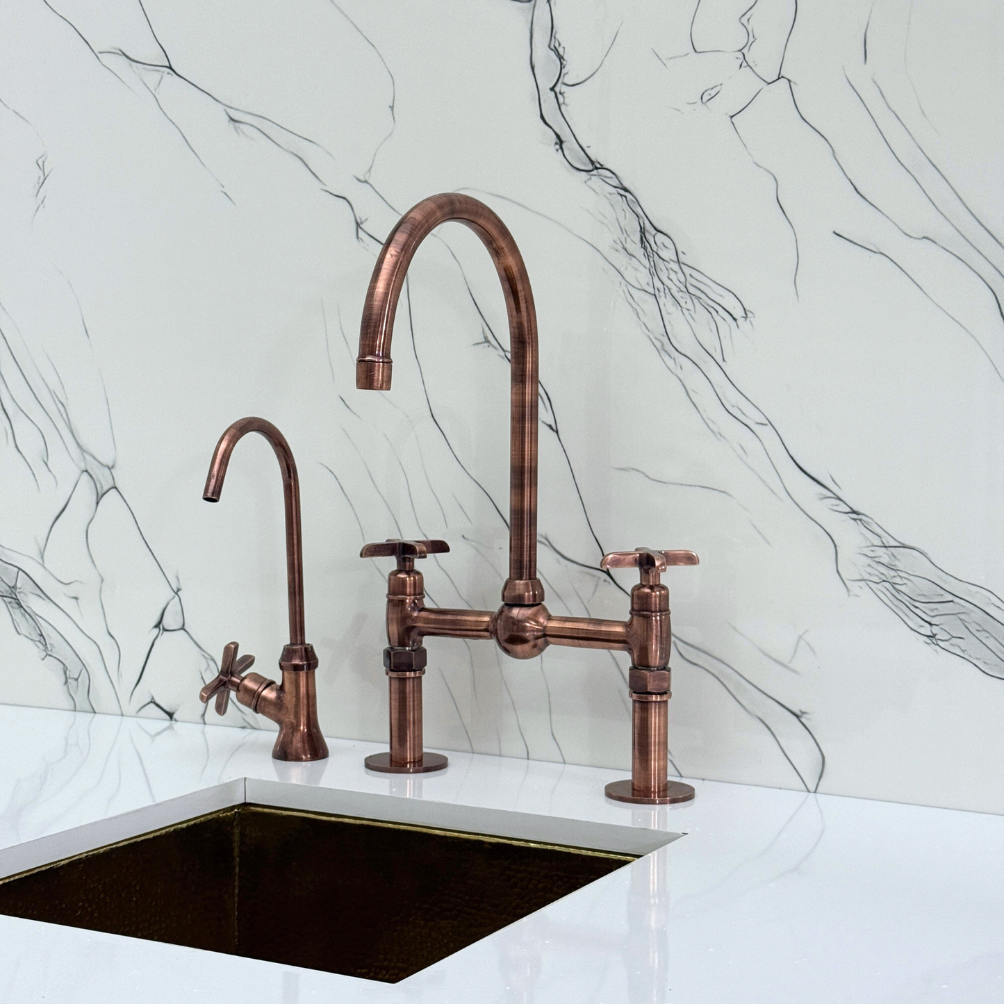 Antique Copper Kitchen Bridge Faucet with Ball Center, Sprayer, Cold Water Faucet, Straight Legs and Cross Handles