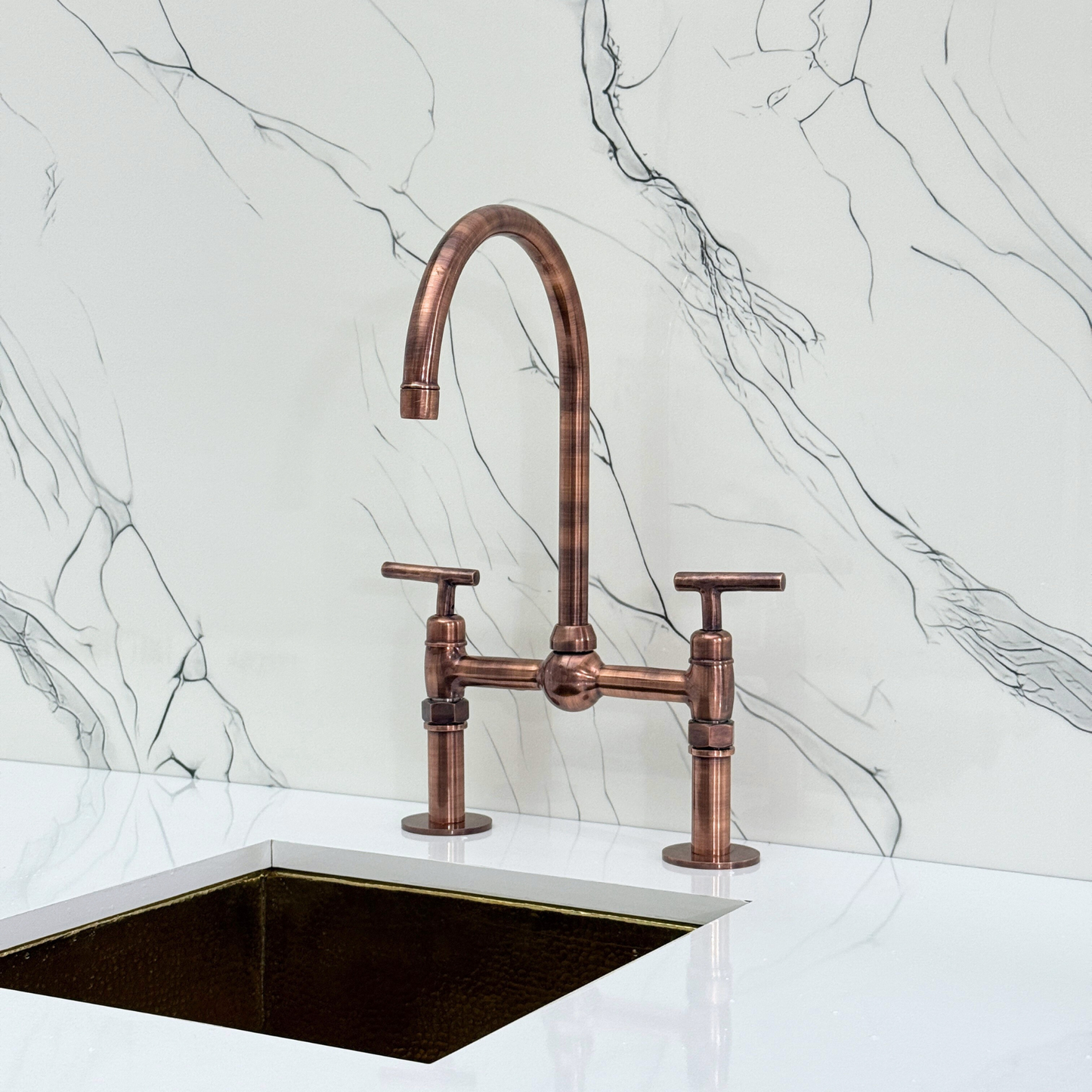 Antique Copper Kitchen Bridge Faucet with Ball Center, Sprayer, Cold Water Faucet, Straight Legs and Lever Handles