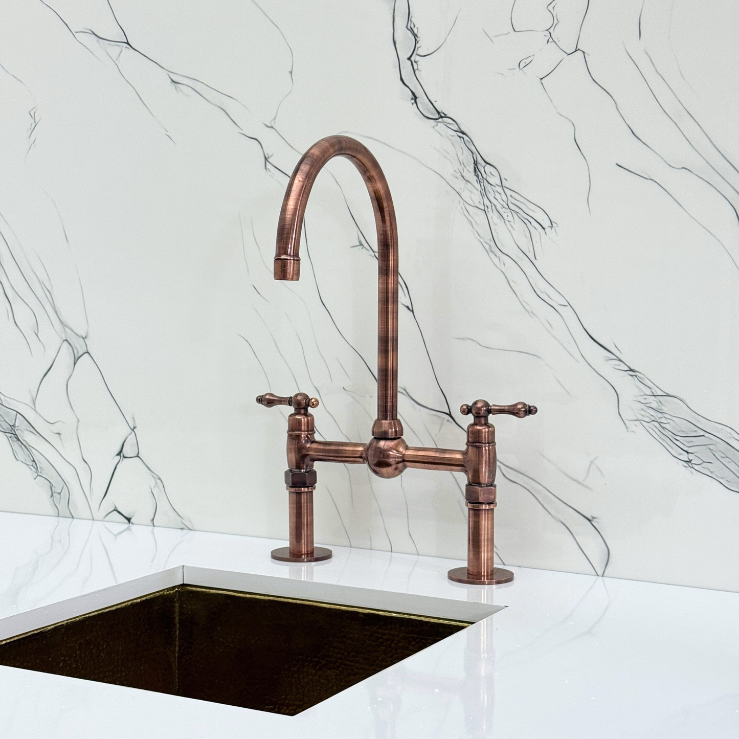 Antique Copper Kitchen Bridge Faucet with Ball Center, Sprayer, Cold Water Faucet, Straight Legs and Lever Handles