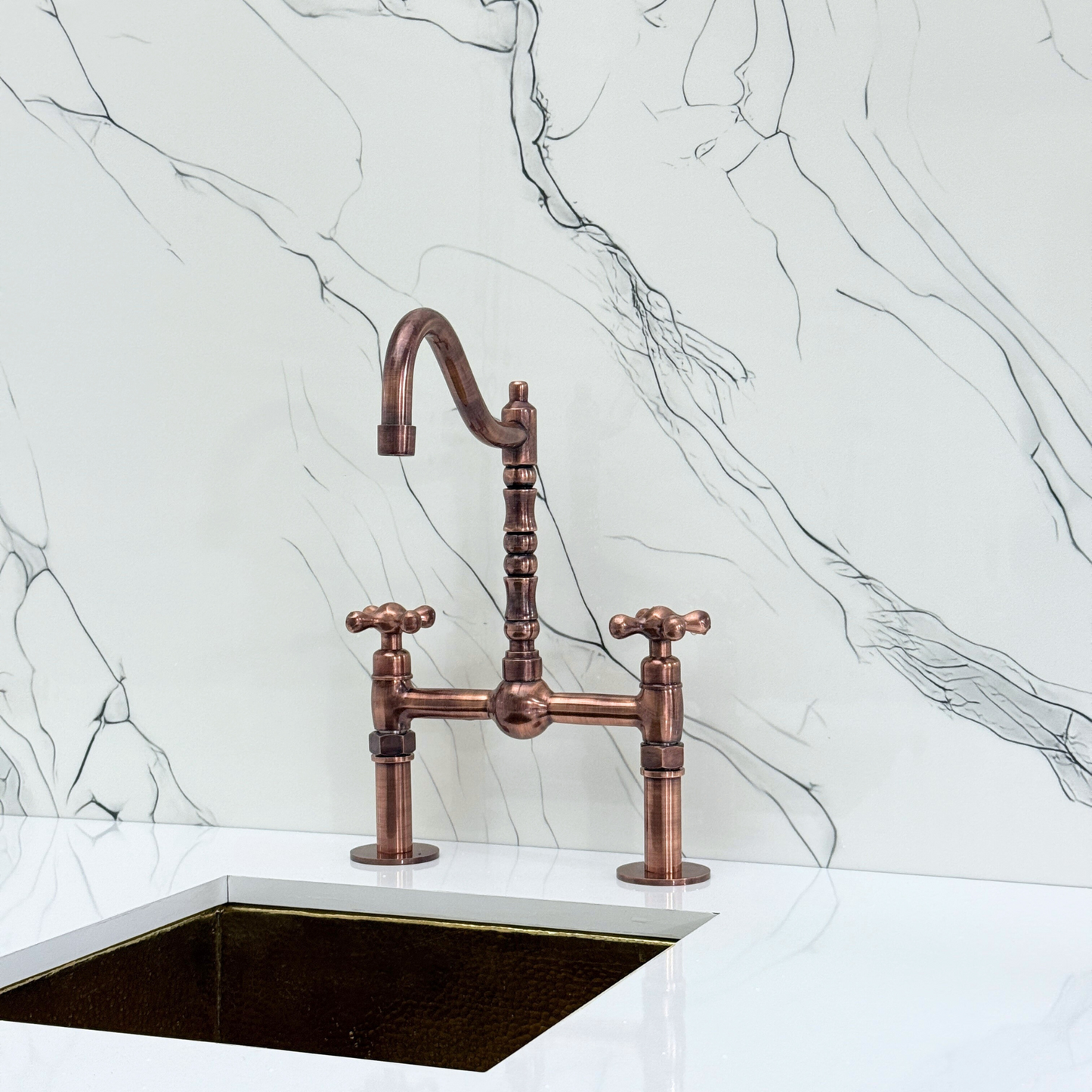 Antique Copper Victorian Bridge Faucet with Sprayer, Cold Water Faucet, Straight Legs and Cross Handles
