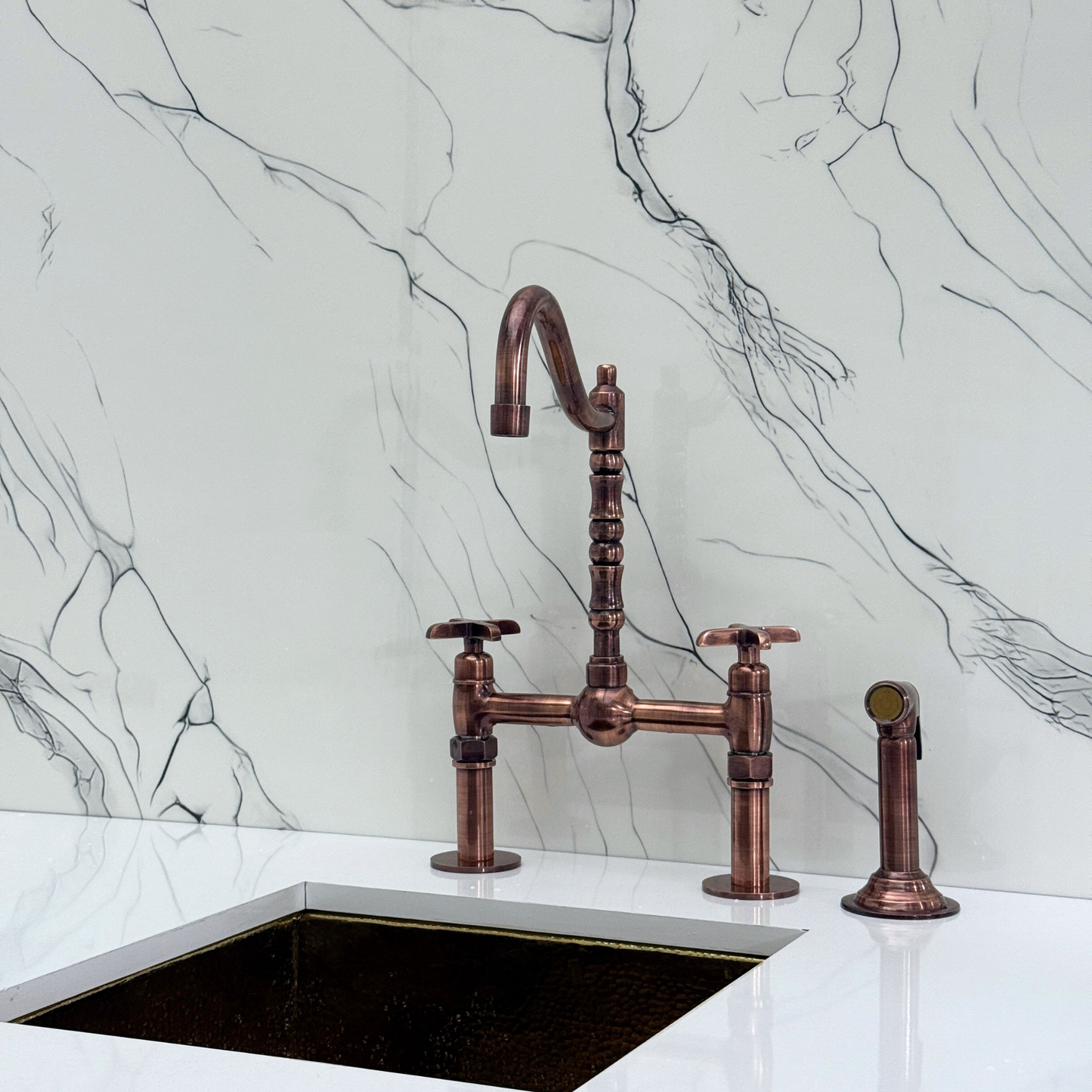 Antique Copper Victorian Bridge Faucet with Sprayer, Cold Water Faucet, Straight Legs and Cross Handles