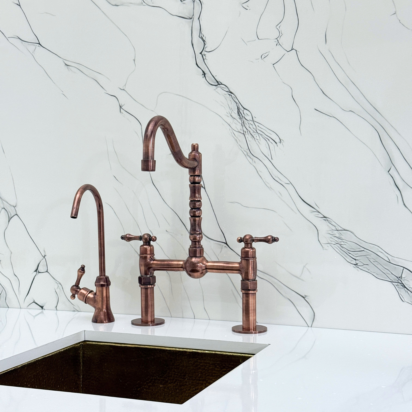 Antique Copper Victorian Bridge Faucet with Sprayer, Cold Water Faucet, Straight Legs and Lever Handles