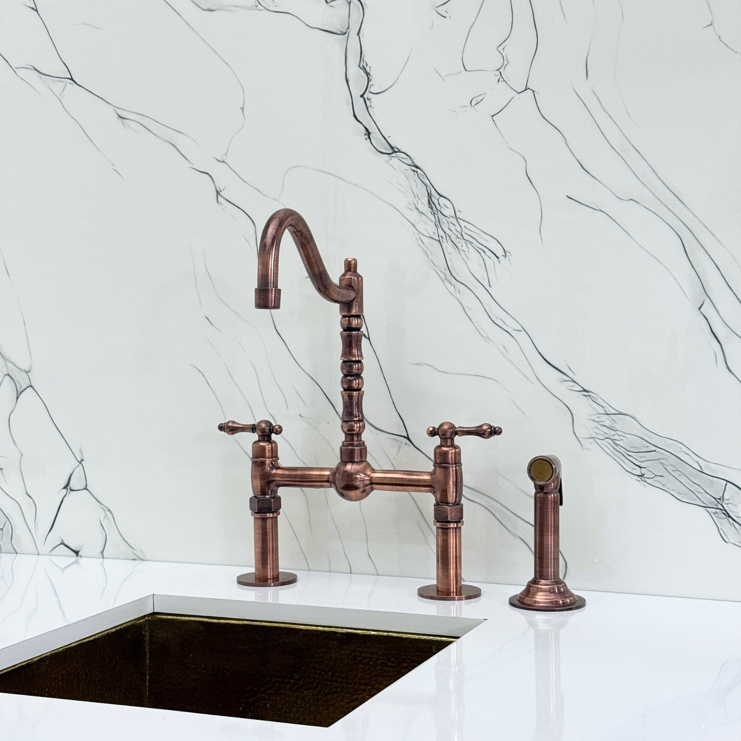 Antique Copper Victorian Bridge Faucet with Sprayer, Cold Water Faucet, Straight Legs and Lever Handles