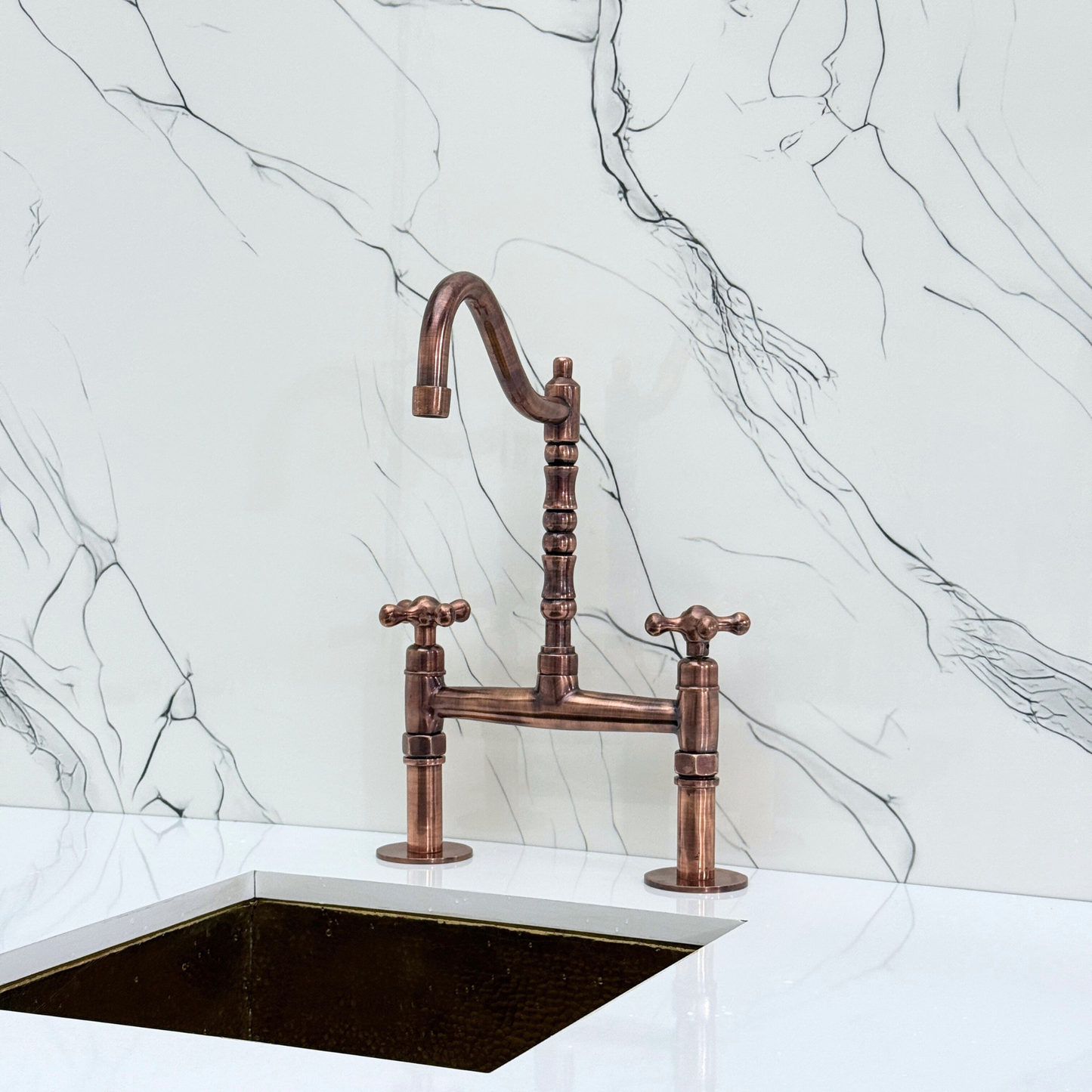 Antique Copper Victorian Bridge Faucet with Sprayer, Cold Water Faucet and Cross Handles