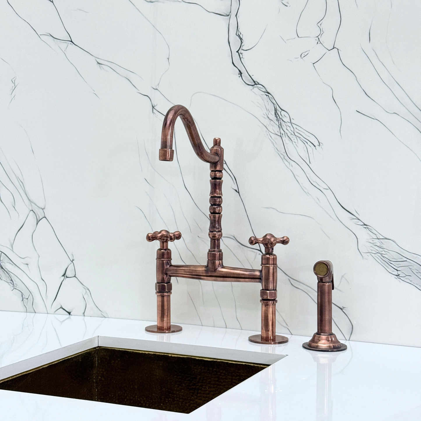 Antique Copper Victorian Bridge Faucet with Sprayer, Cold Water Faucet and Cross Handles