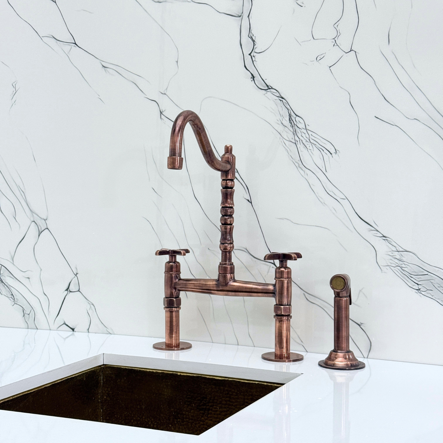 Antique Copper Victorian Bridge Faucet with Sprayer, Cold Water Faucet and Cross Handles