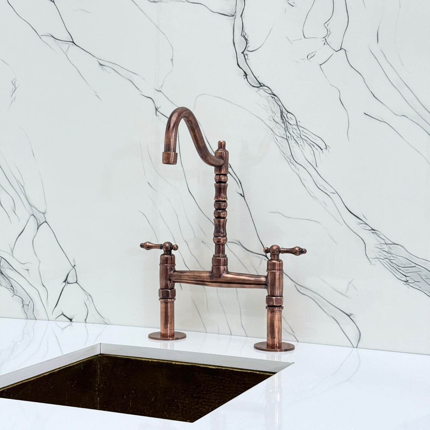 Antique Copper Victorian Bridge Faucet with Sprayer, Cold Water Faucet and Lever Handles
