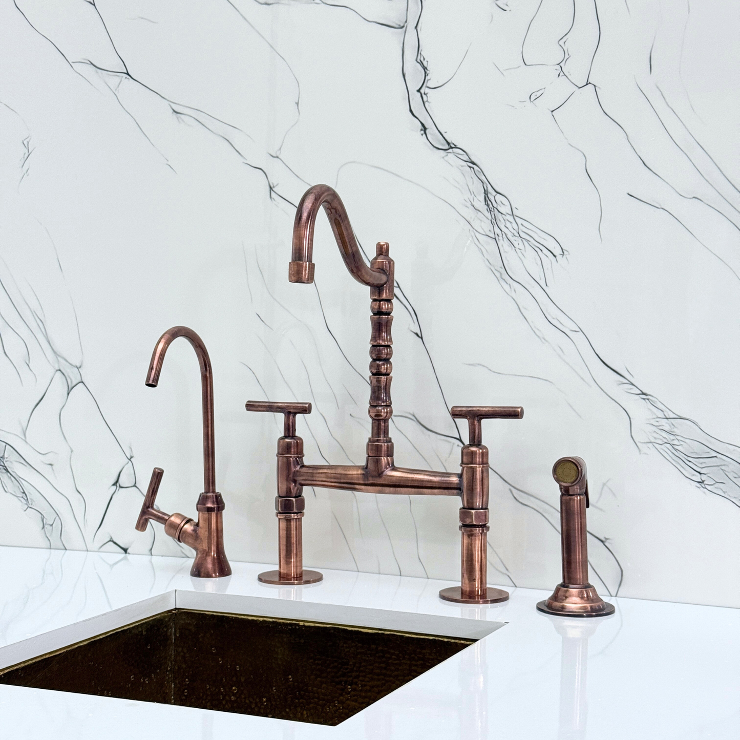 Antique Copper Victorian Bridge Faucet with Sprayer, Cold Water Faucet and Lever Handles