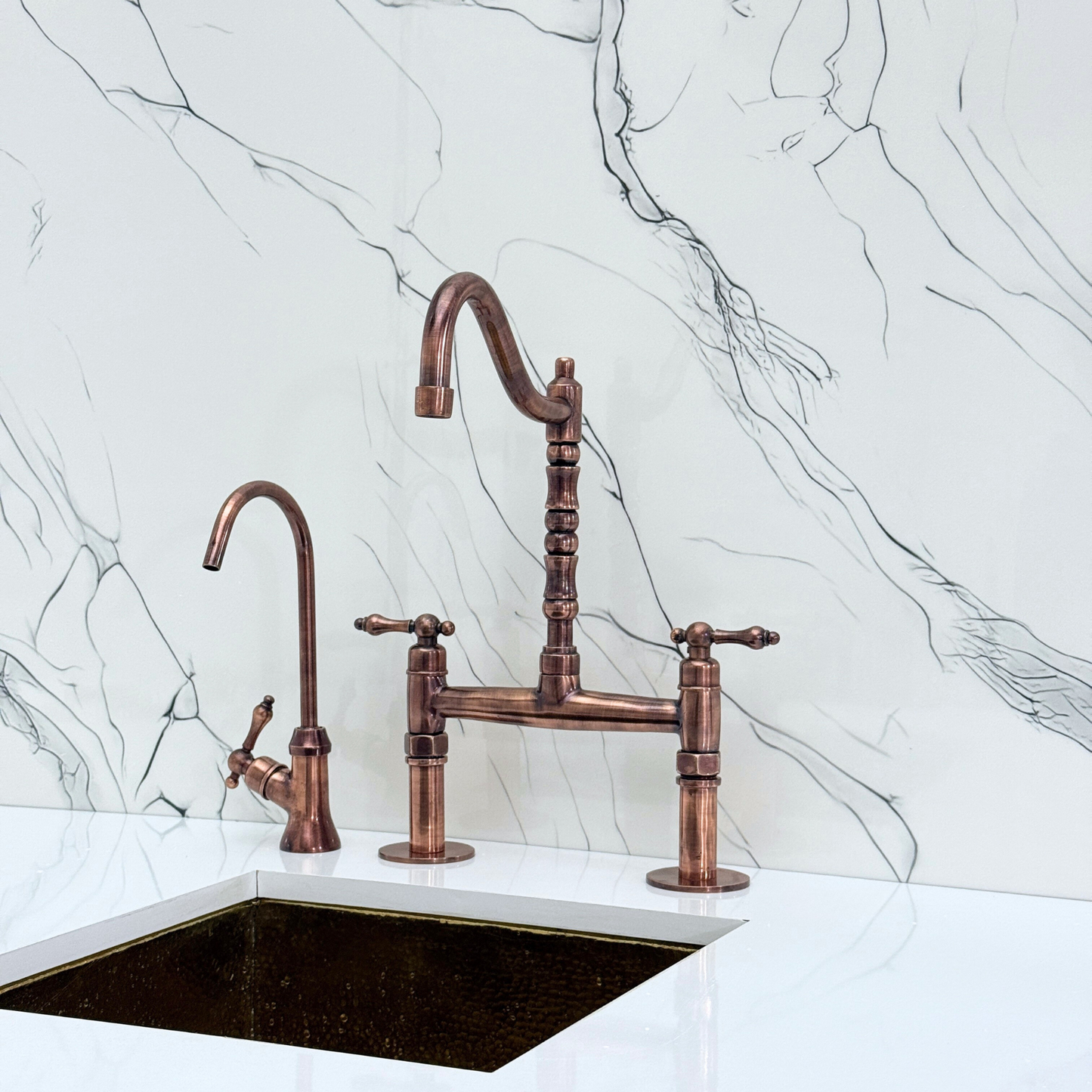 Antique Copper Victorian Bridge Faucet with Sprayer, Cold Water Faucet and Lever Handles