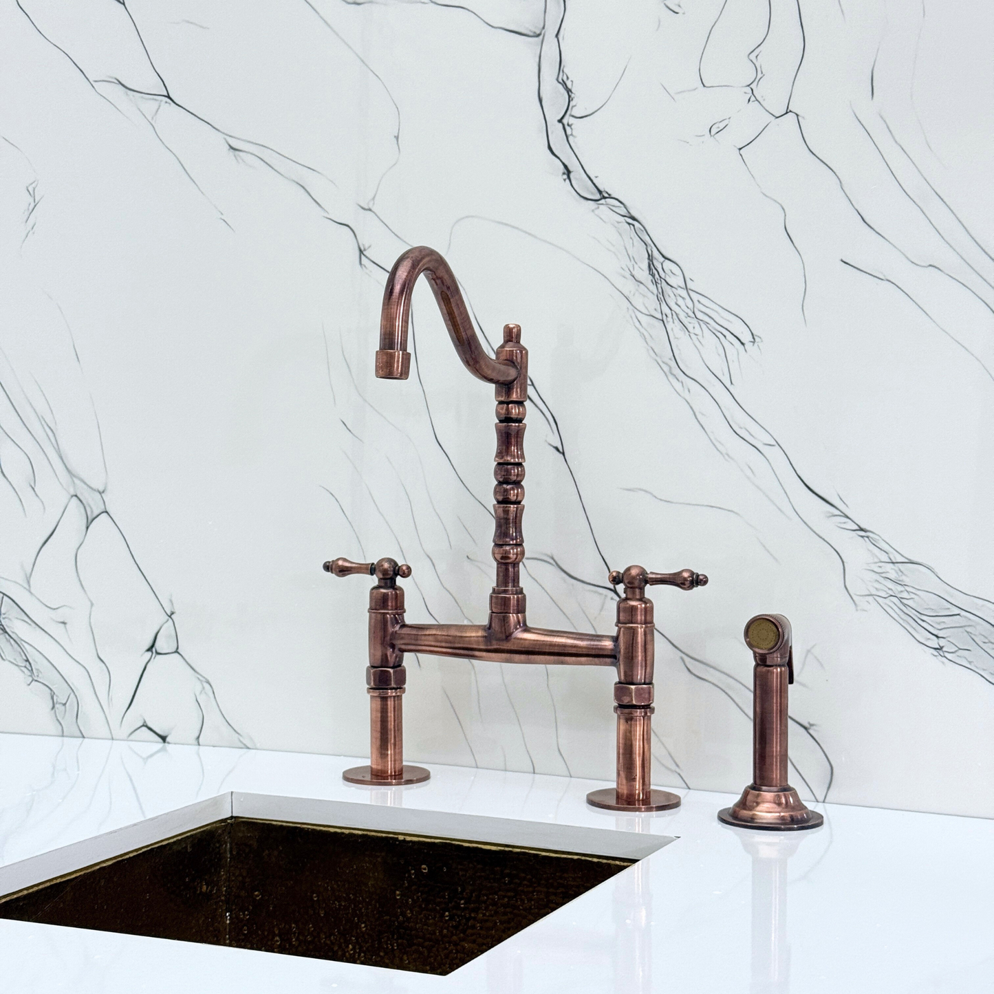 Antique Copper Victorian Bridge Faucet with Sprayer, Cold Water Faucet and Lever Handles