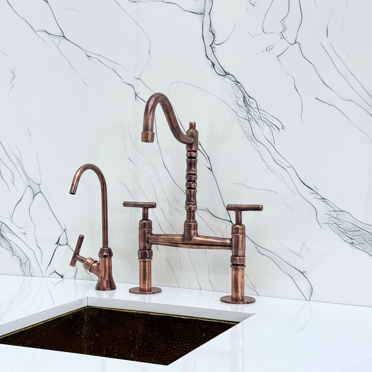 Antique Copper Victorian Bridge Faucet with Sprayer, Cold Water Faucet and Lever Handles