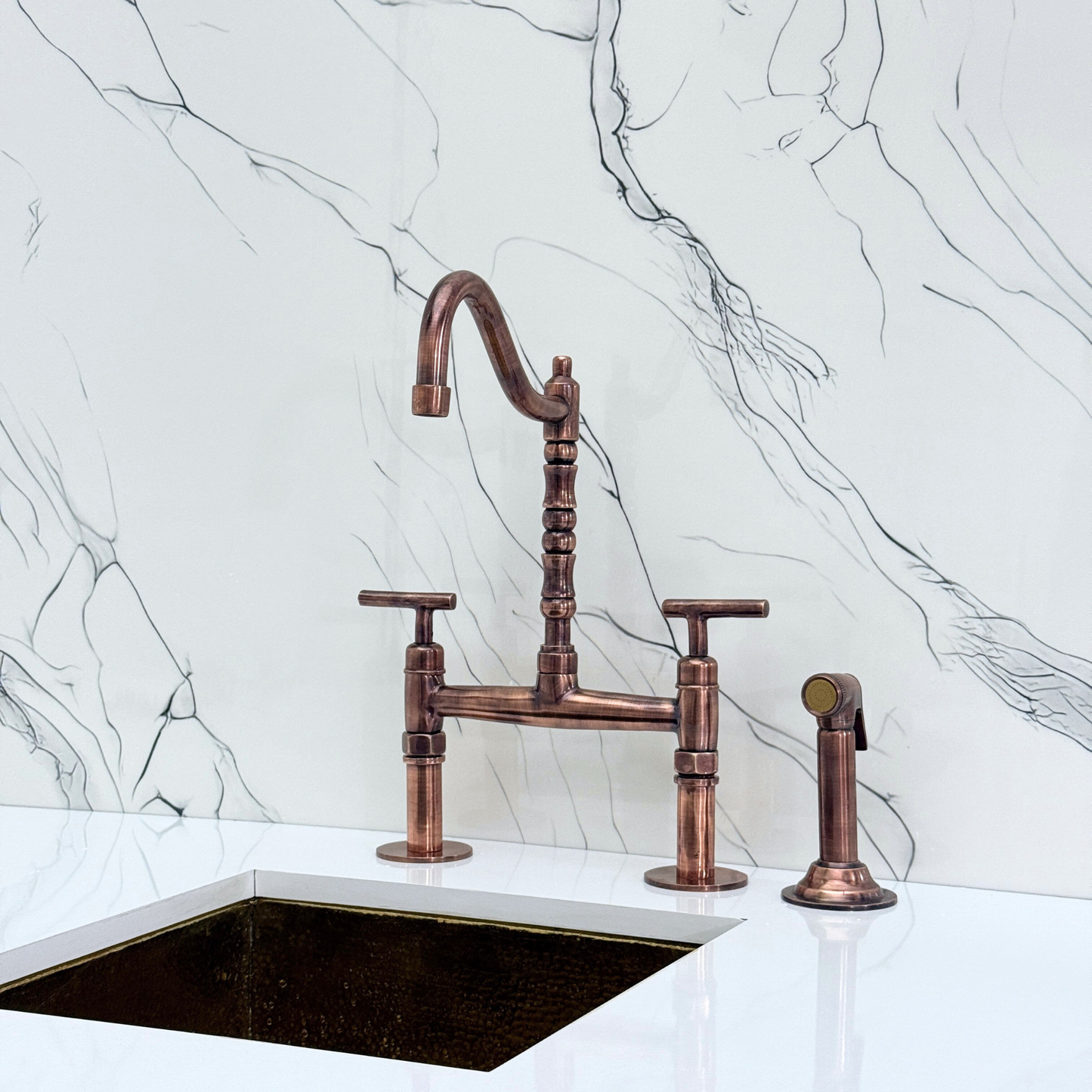 Antique Copper Victorian Bridge Faucet with Sprayer, Cold Water Faucet and Lever Handles