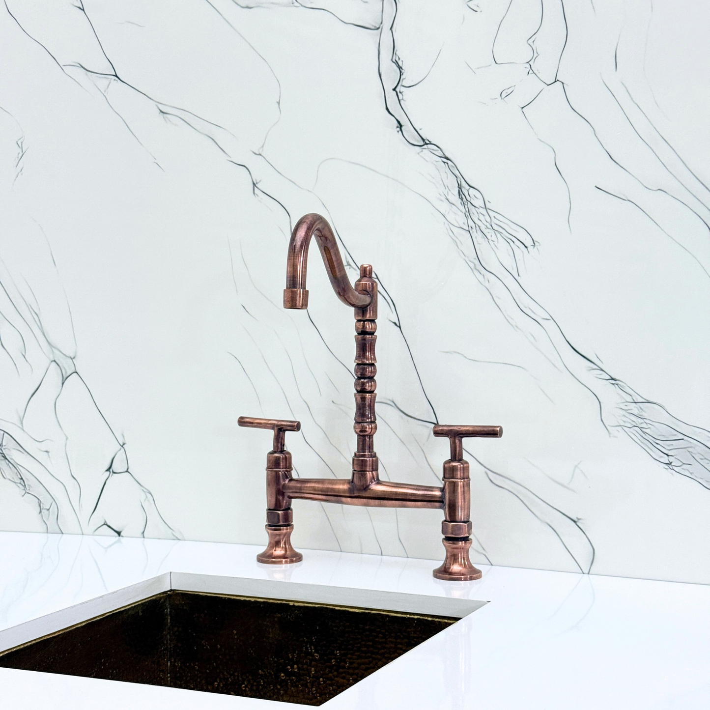 Antique Copper Bridge Victorian Kitchen Faucet with Sprayer, Drinking Water Tap and Lever Handles