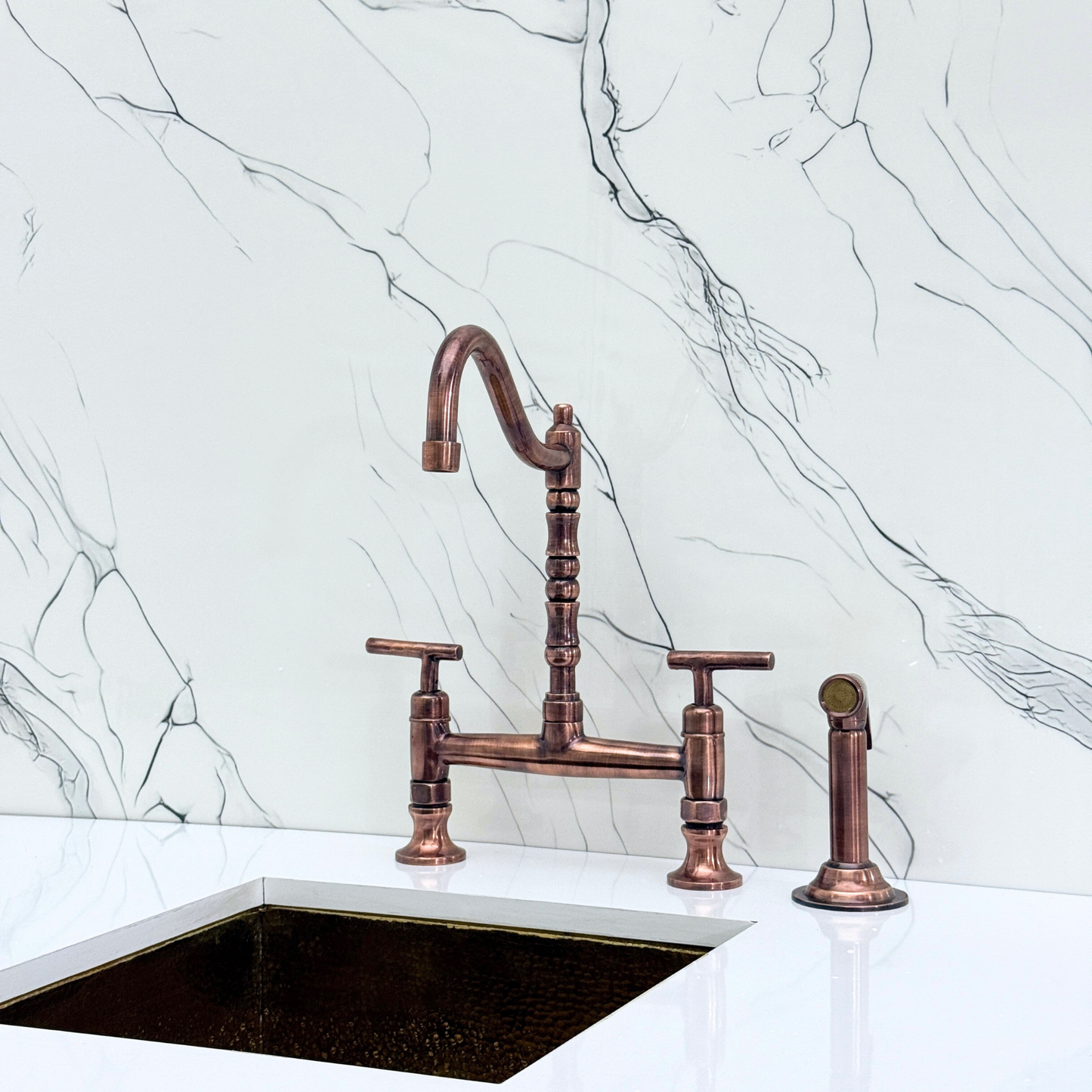 Antique Copper Bridge Victorian Kitchen Faucet with Sprayer, Drinking Water Tap and Lever Handles