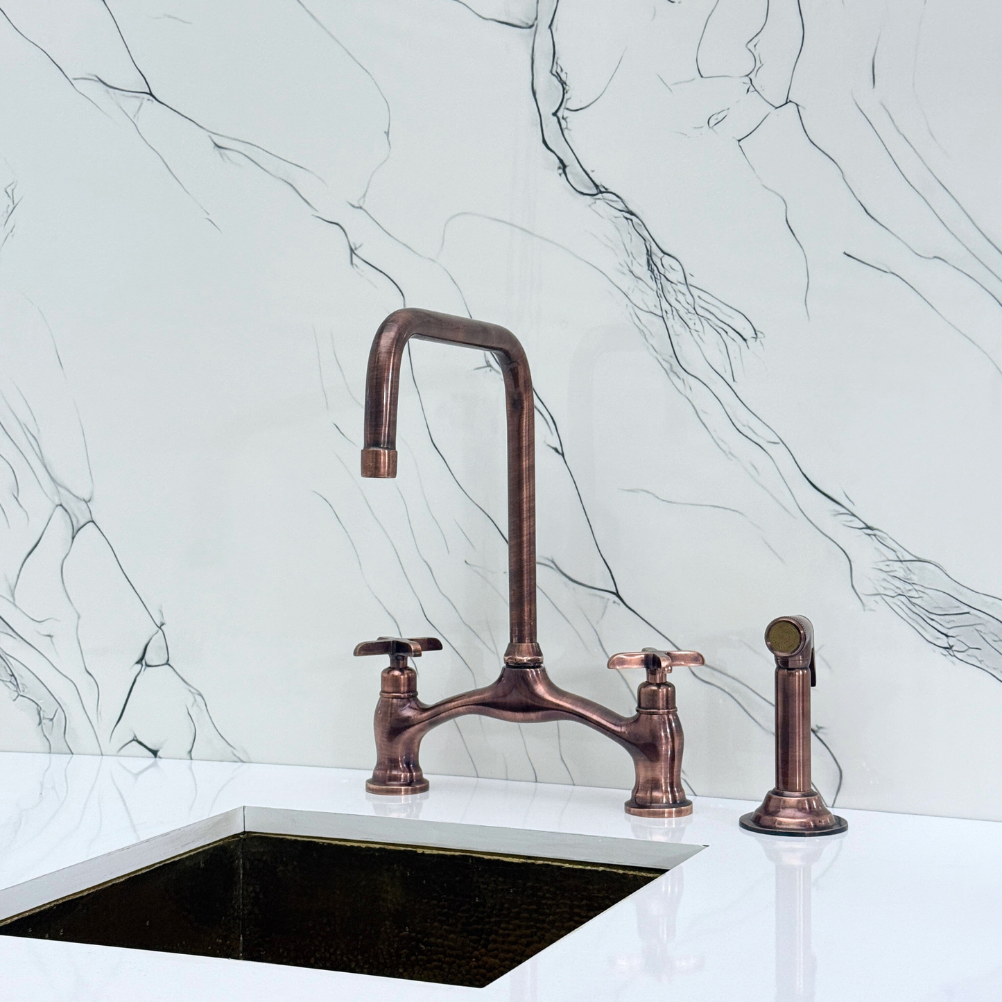 Antique Copper Vintage Bridge Kitchen Faucet with Sprayer, Drinking Water Tap and Cross Handles