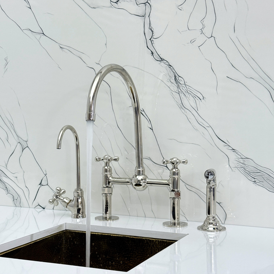Polished Nickel Bridge Faucet with Sprayer, Cold Water Faucet, Straight Legs and Cross Handles