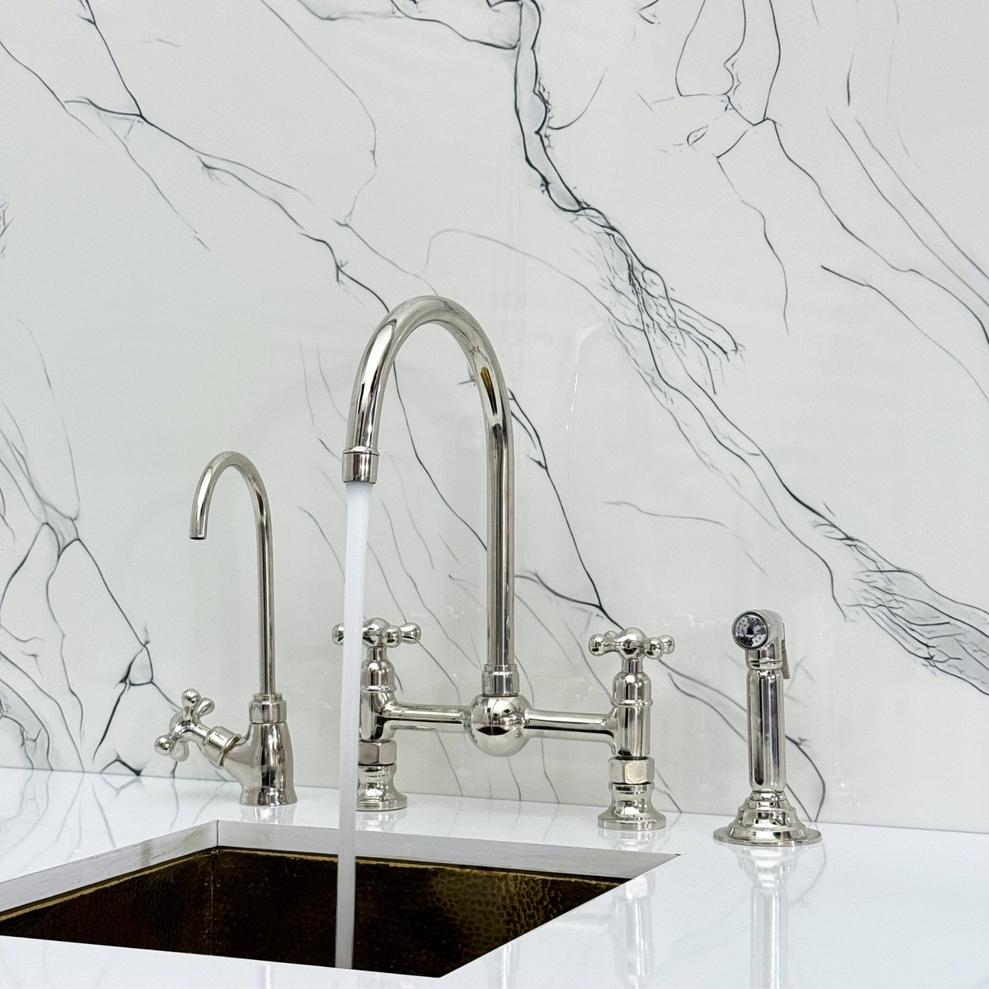 Polished Nickel Bridge Kitchen Faucet with Sprayer, Cold Water Faucet and Cross Handles