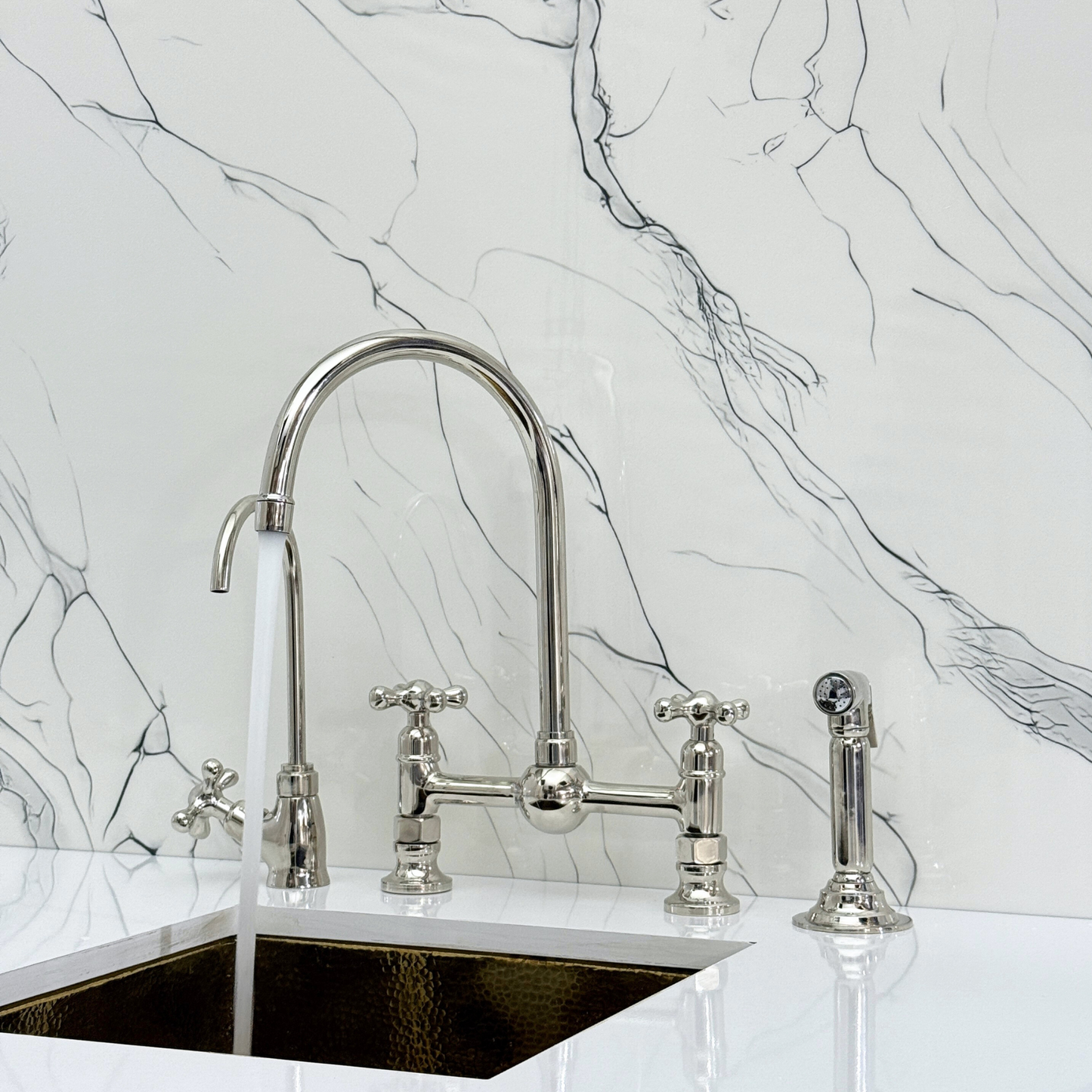 Polished Nickel Bridge Kitchen Faucet with Sprayer, Cold Water Faucet and Cross Handles