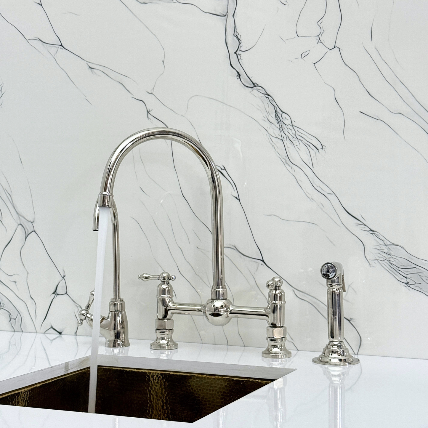 Polished Nickel Bridge Kitchen Faucet with Sprayer, Cold Water Faucet and Lever Handles