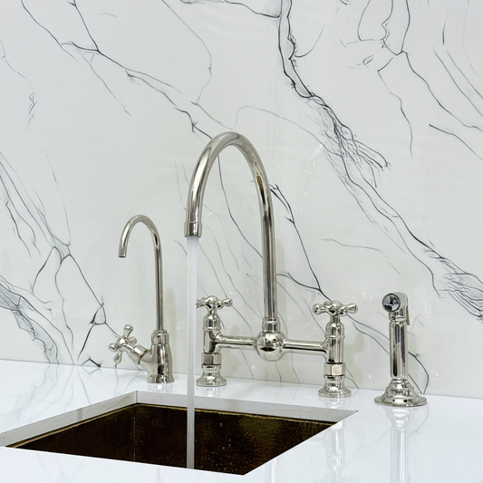 Polished Nickel Bridge Vintage Kitchen Faucet with Ball Center, Sprayer, Cold Water Faucet and Cross Handles