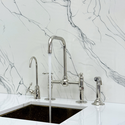 Polished Nickel Classic Bridge Faucet with Ball Center, Straight Legs, Sprayer, Cold Water Faucet and Lever Handles
