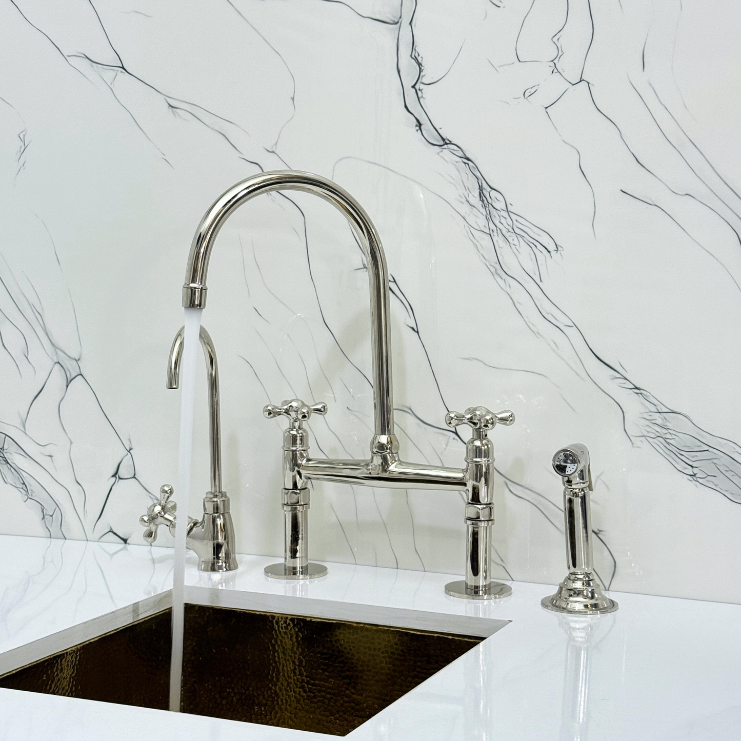 Polished Nickel Kitchen Bridge Faucet with Sprayer, Cold Water Faucet and Cross Handles