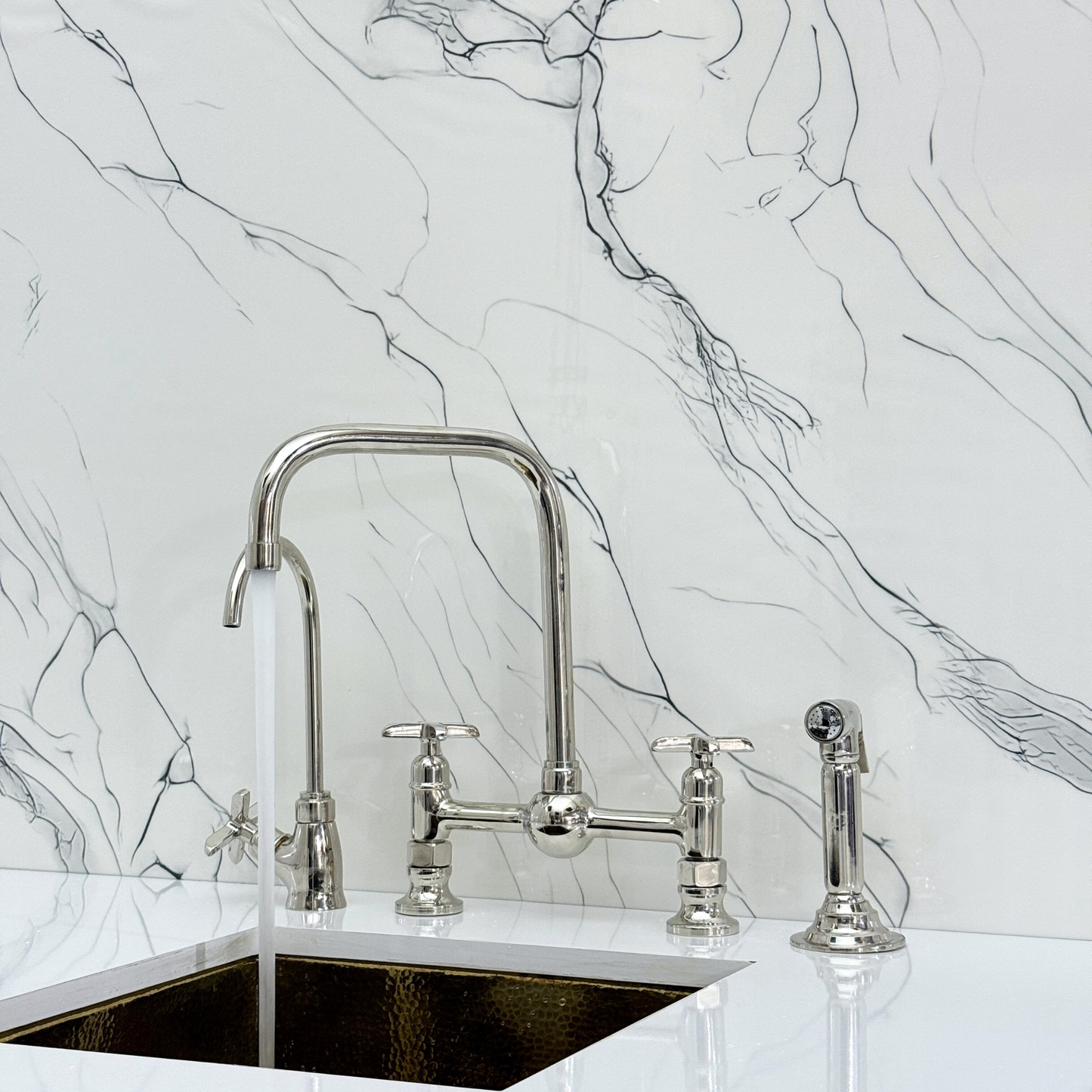 Polished Nickel Classic Bridge Faucet with Ball Center, Sprayer, Cold Water Faucet and Cross Handles