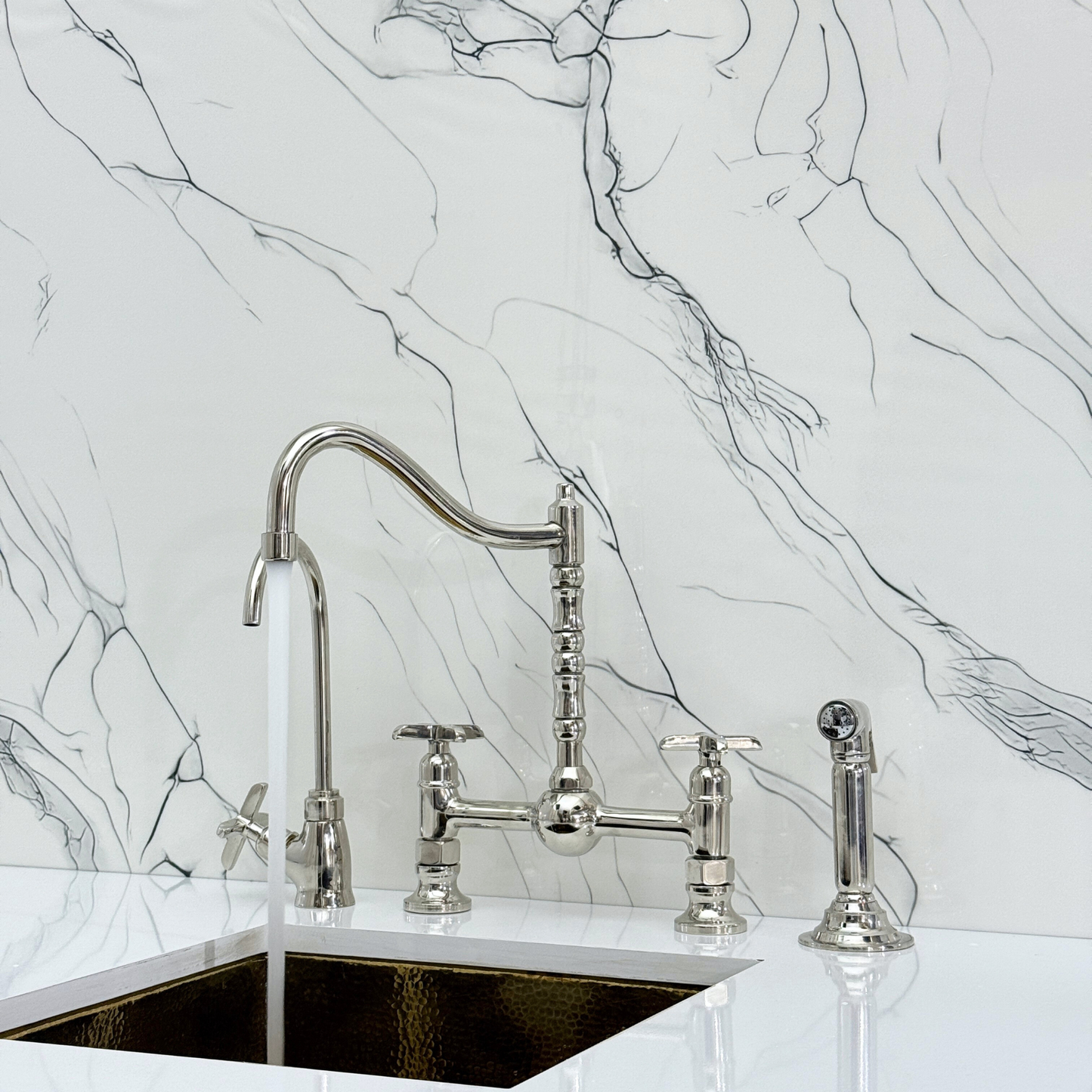 Polished Nickel Victorian Bridge Faucet with Ball Center, Sprayer, Cold Water Faucet, and Cross Handles