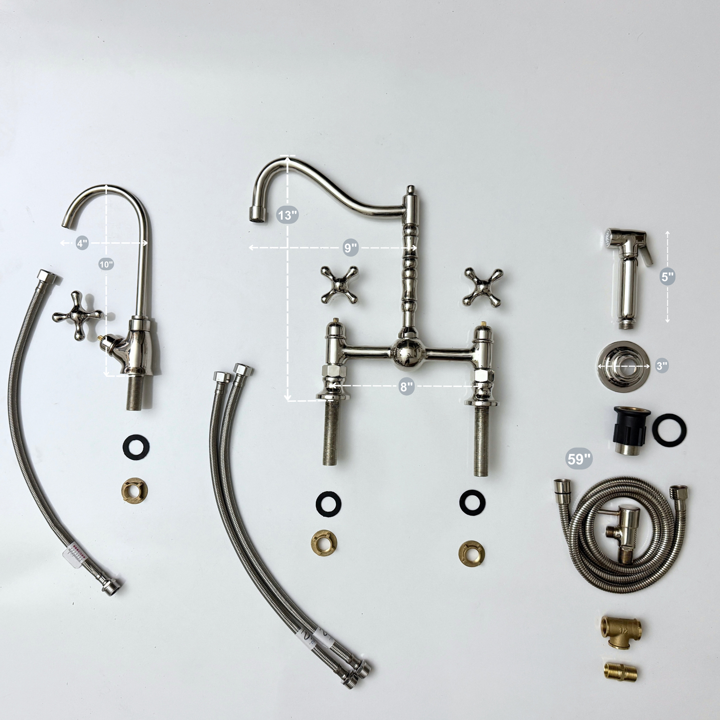 Polished Nickel Victorian Bridge Faucet with Ball Center, Sprayer, Cold Water Faucet, and Cross Handles