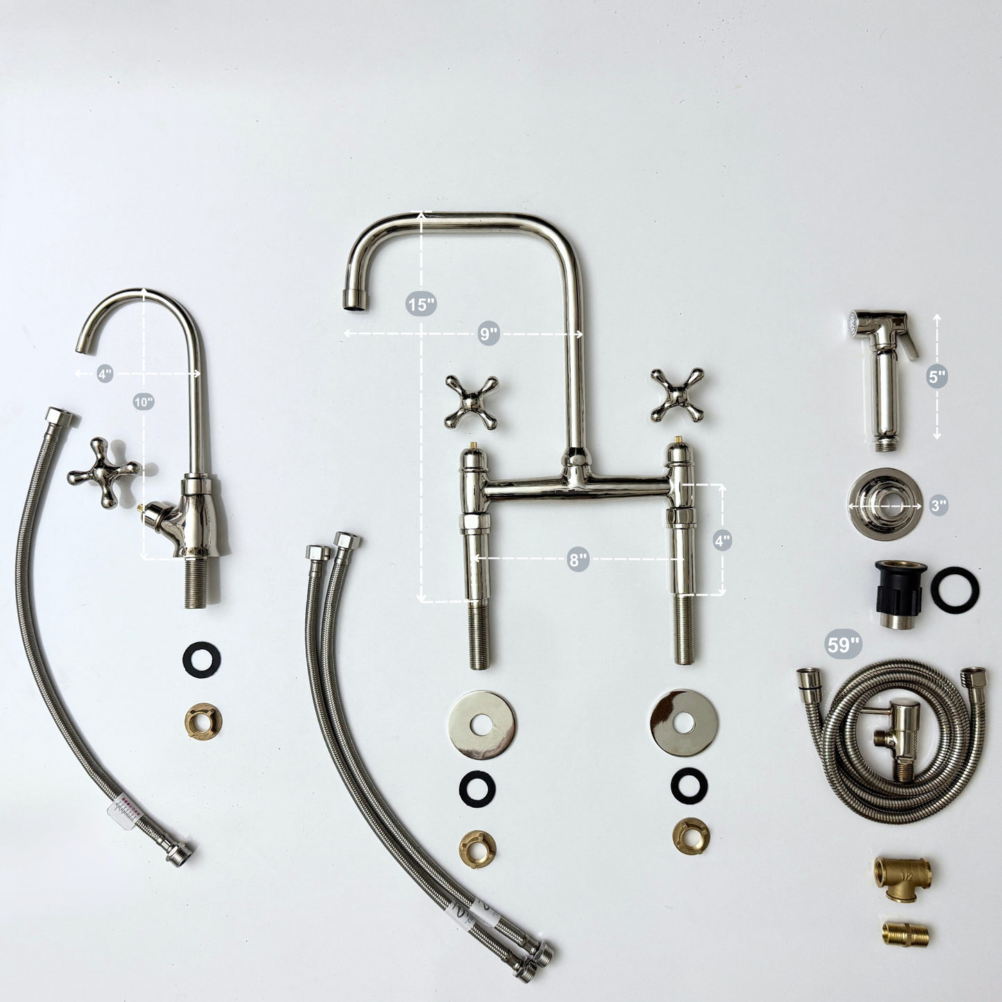 Polished Nickel Classic Bridge Faucet with Sprayer, Cold Water Faucet and Cross Handles