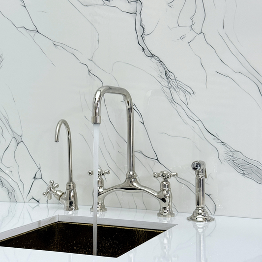 Polished Nickel Vintage Bridge Kitchen Faucet with Sprayer, Drinking Water Tap and Cross Handles