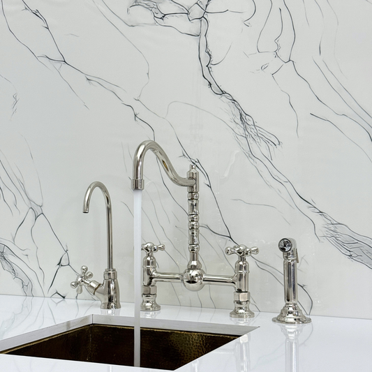 Polished Nickel Victorian Bridge Faucet with Ball Center, Sprayer, Cold Water Faucet, and Cross Handles