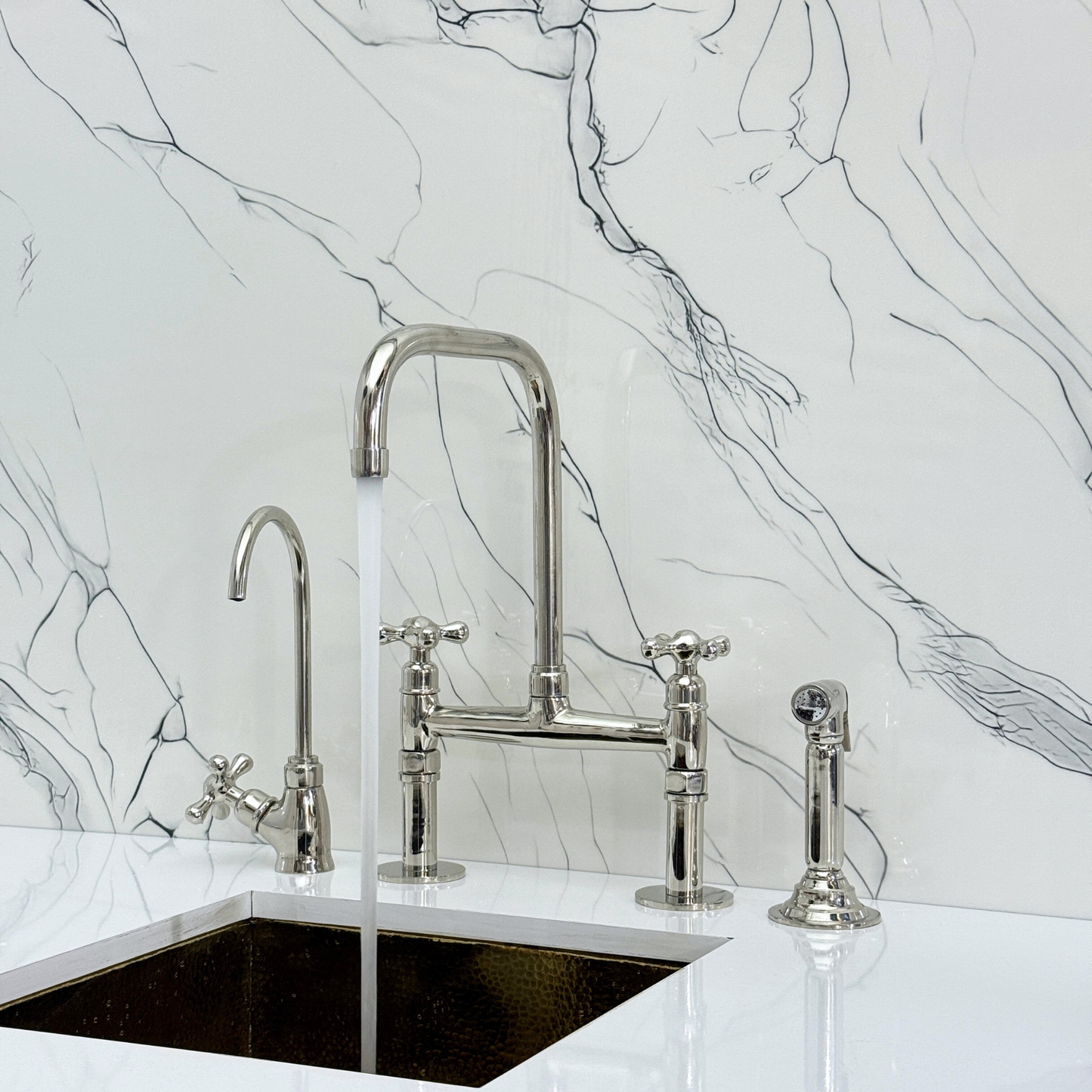 Polished Nickel Classic Bridge Faucet with Sprayer, Cold Water Faucet and Cross Handles