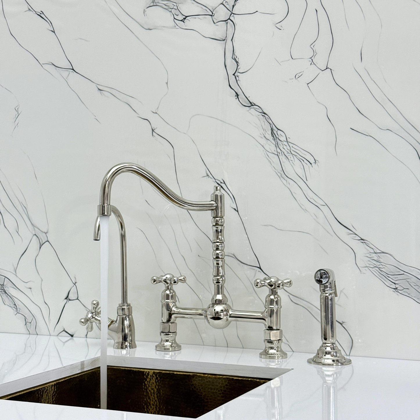 Polished Nickel Victorian Bridge Faucet with Ball Center, Sprayer, Cold Water Faucet, and Cross Handles