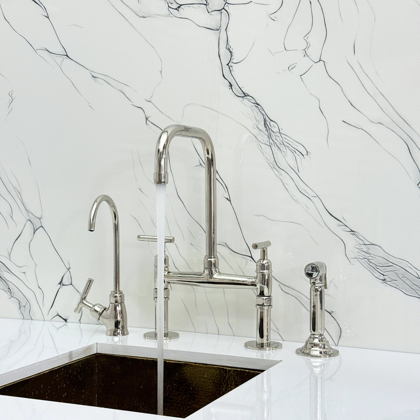 Polished Nickel Classic Bridge Faucet with Sprayer, Cold Water Faucet and Lever Handles