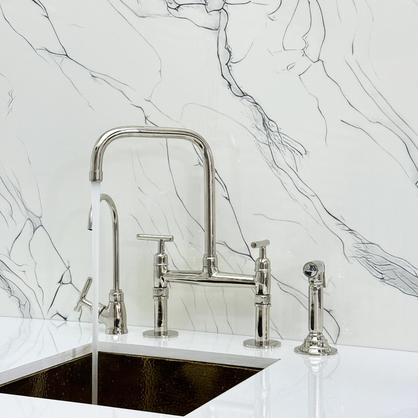 Polished Nickel Classic Bridge Faucet with Sprayer, Cold Water Faucet and Lever Handles