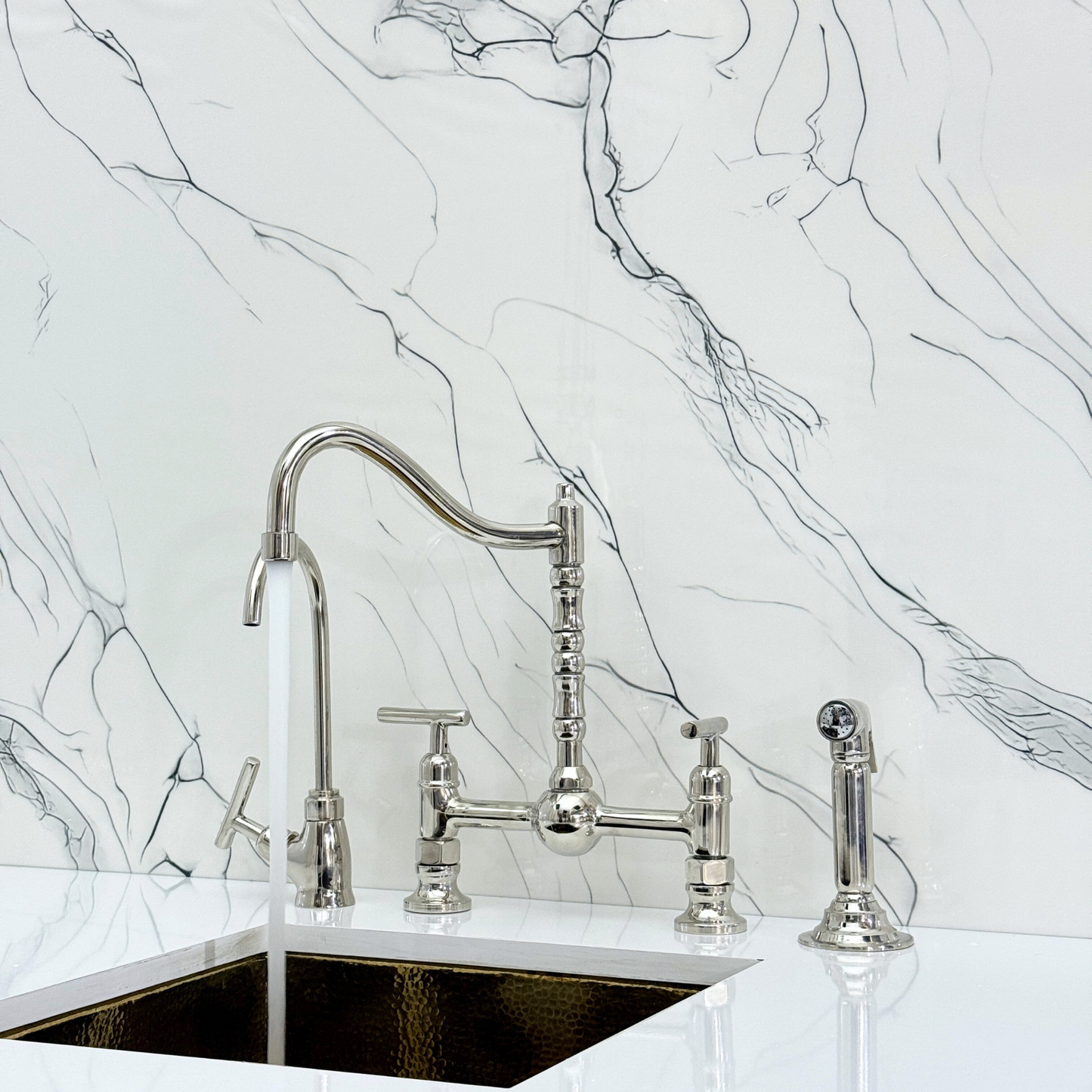 Polished Nickel Victorian Bridge Faucet with Ball Center, Sprayer, Cold Water Faucet, and Lever Handles