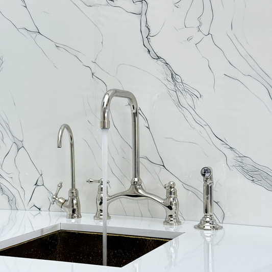 Polished Nickel Vintage Bridge Kitchen Faucet with Sprayer, Drinking Water Tap and Lever Handles