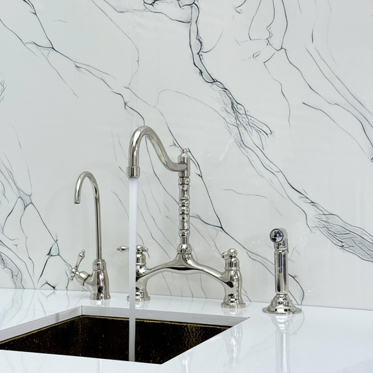 Polished Nickel Victorian Bridge Kitchen Faucet with Sprayer, Drinking Water Tap and Lever Handles